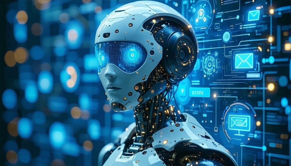 Futuristic AI interface with chatbots and automation icons